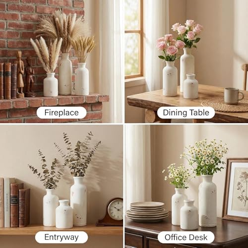 Vintage Ceramic Flower Vase Set of 3, Rustic Farmhouse Vase for Home Decor, Distressed Decorative Vase for Table Entryway Mantel Centerpiece Living Room Bathroom Bedroom (Weathered White) - color: 117-weathered White