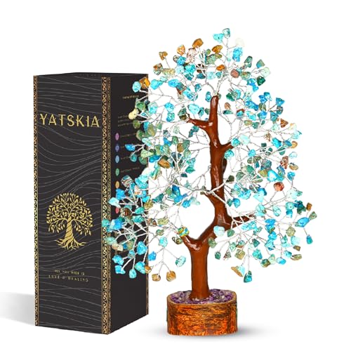 YATSKIA Turquoise Crystal Tree - Gemstone Tree - Tree of Life - Crystal Home Decor - Good Luck Charms - Spiritual Gifts for Women - Gemstones and Crystals - Chakra Stones - Meditation Decor - color: Turquoise Silver Wire