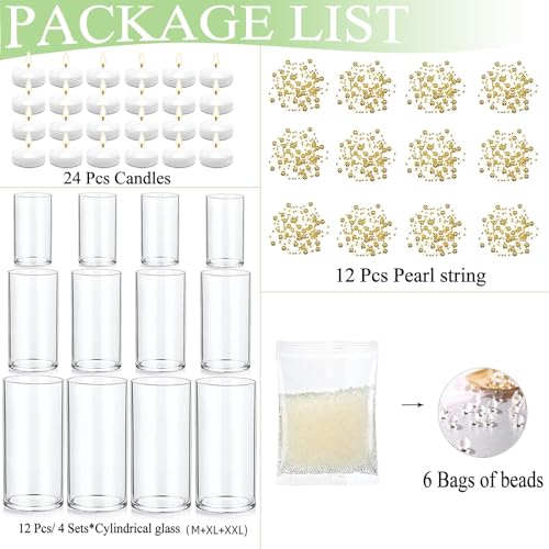 Set of 12 Glass Cylinder Vases for Centerpieces with 8 Pack Vase Filler 12 Pearl String 24 White Floating Candles for Table Centerpieces for Wedding Party Home Decor 5, 6, 8 Inch - style: 12 Set(6,8,10Inch)