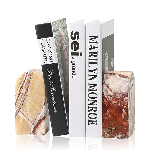 Koville Mexican Natural Marble Bookends for Shelves, Decorative Book Ends, 7lbs Heavy-Duty Marble Book Holders, Bookshelf Apartment Decor for Normal Books/CD/Video Games(Mexico Onyx) - color: Orange Onyx-mexico Onyx, size: 7lb