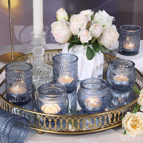 DARJEN 12Pcs Blue Votive Candle Holders - Votive Candle Holders Bulk, Glass Candle Holder for Party Decoration, Tea Lights Candle Holders for Wedding - color: Blue, size: 12 PCS