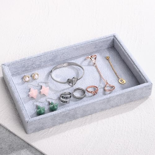 Mornajina 9" x 5.7" Velvet Jewelry Tray Jewelry Display Tray, Stackable Empty Plate Trays for Earrings Necklaces Bracelet Rings Display Showcase - Grey - color: Grey, size: Flat Tray 9"x5.7"