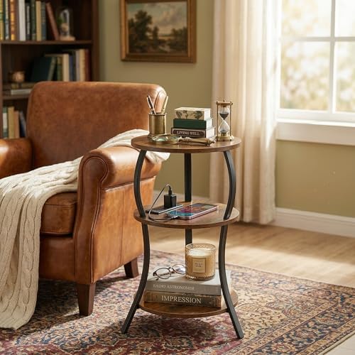 Small Round Side Table with Charging Station, 3-Tier Waist Circular End Table with Storage Shelf, Compact Tea Sofa Side Table Small Spaces, Round Corner Coffee Table for Living Room Bedroon,Brown - color: Rustic Brown, style: USB Charger