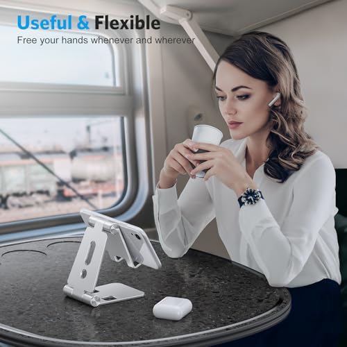 OMOTON Foldable Cell Phone Stand, C4 Portable Aluminum Phone Holder, Adjustable Phone Dock Cradle Compatible with iPhone 17/16/15 Pro Max Air, Samsung Galaxy, Small Tablets, All Smart Phones, Silver - color: A-Silver