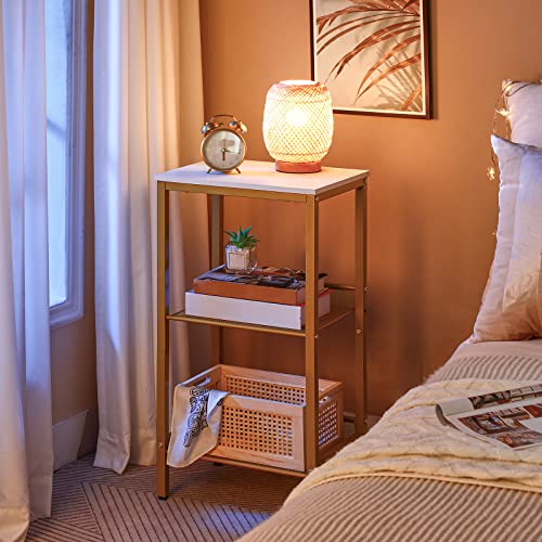 HOOBRO Tall Side Table, 3-Tier Telephone End Table with Adjustable Mesh Shelves, Small Entryway Table with Storage, Small Nightstand for Living Room, Bedroom, Hallway, White and Gold DW01DH01G1 - color: White + Gold