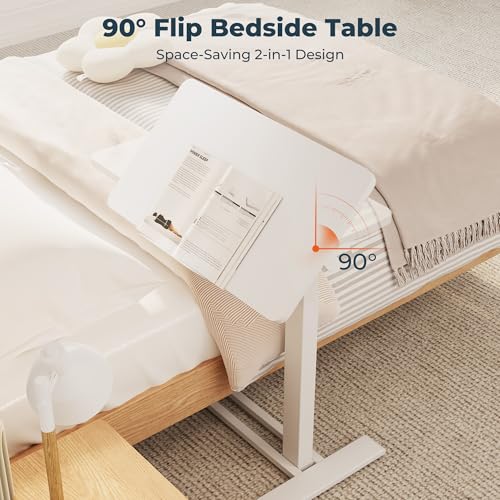 Medical Adjustable Overbed Bedside Table with Casters 90° Tilting Desktop Pneumatic Mobile Rolling Laptop Computer Standing Desk Cart with Tray, Hospital Table(31.5" W x 17.7" D, White) - color: White, size: 3218