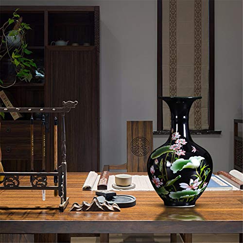 9.45'' China Style Decorative Vase, Classic Ceramic Vases for Art Home Decoration, Chinese Retro Porcelain Ceramic Vase with Base, Beauty Lotus Flower Painting, Black