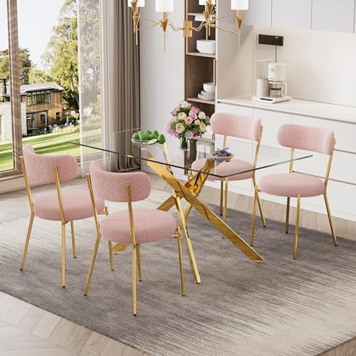 51'' Modern Glass Dining Table for 4, Rectangular Tempered Table Top Gold Base with 4 Luxury Pink Gold Boucle Dining Chairs, 5 Piece Dining Room Table Set, Easy Assemble - color: Golden+pink Gold Chairs, size: 51'' + 4 Chairs