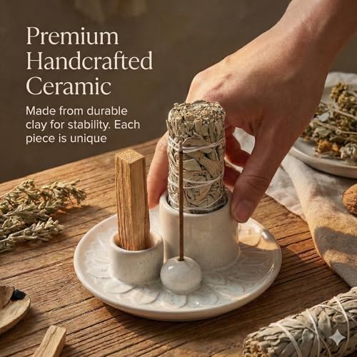 Palo Santo Sticks Holder, Multi-Purpose Handmade Ceramic Incense Burner for Palo Santo Incense Sticks, Sage Holder for Burning, Ash Catcher Tray for Meditation Yoga Room (Spotted White) - color: Spotted White