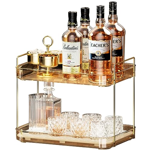 Seoneiro Whiskey Tray, Glass Cup Rack, Mug Holder, Coffee Cup Organizer, Bathroom Countertop Organizer with Drain Board Wine Glass Decorative, Food Tray, Kitchen Spice Rack - color: Amber-2