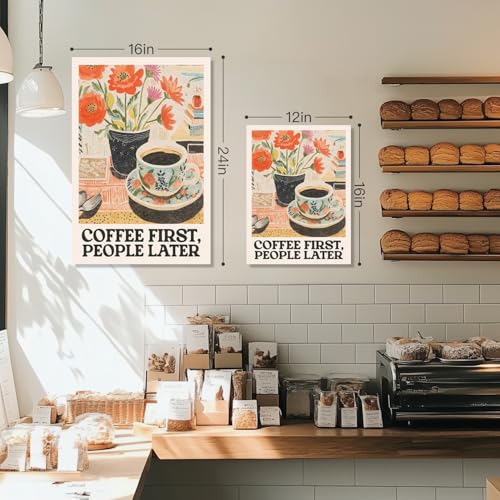 GELDSTEI Framed Retro Coffee Wall Art, Vintage Cafe Wall Decor, Coffee First People Later Canvas Painting, Classical Cafe Bar Poster Print for Kitchen Dining Room Home Office Ready to Hang 16x24 Inch - color: Retro, size: 24"L x 16"W