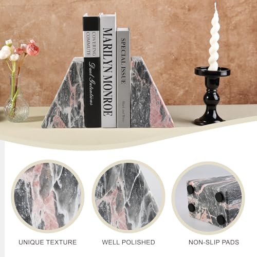 Koville Marble Bookends for Shelves, Large Bookends for Heavy Books, Natural Stone Book Stopper for Books CD Movies, Aesthetic Decorative Book Ends (Grey&Pink) - color: Grey&pink