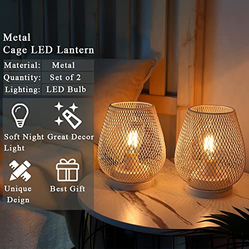 JHY DESIGN Set of 2 Metal Cage LED Lanterns Battery Powered Cordless Accent Light with LED Great for Weddings Parties Patio Events for Indoors Outdoors(White) - style: Set of two White egg