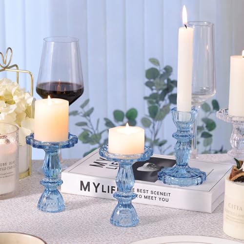 12pcs Taper Candle Holders, Candle Stick Holders, Glass Candle Holder - Vintage Flower Blue Candle Holders for Wedding, Baby Shower & Home Decor (Blue) - color: Blue