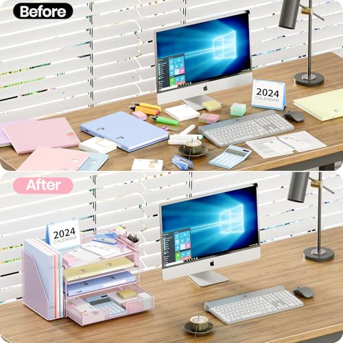 OPNICE Desk Organizer, 4-Tier Desktop File Organizer with Drawer and 2 Pen Holders, Office Desk Accessories, File Sorters, Workspace Organizers for Office Supplies(Pink) - color: Pink, size: 4-Tier