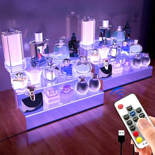 12 IN Clear Acrylic Display Riser Shelf with LED light,3 Tier Display Step Shelves Holder, Perfume Cologne Organizer Holder,Pops Toys Figures, Clear Cupcake Riser, Dessert Shelf, Decoration on Tabletop(2 Pack) - color: LED+Clear+2 Pack