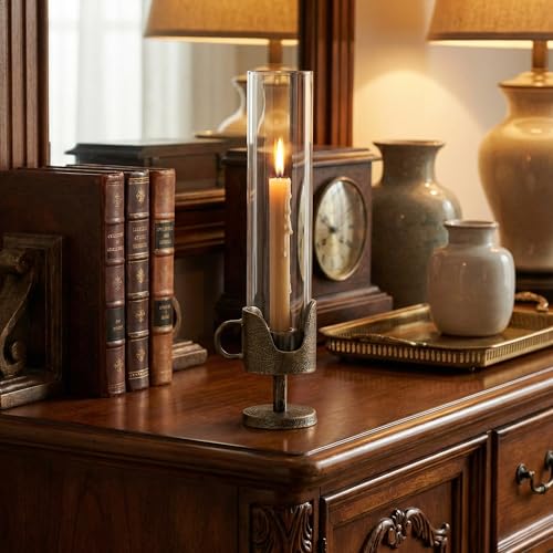 Handcrafted Cast Iron Base Hurricane Candle Holder with Glass Shade - Elegant Vintage Candle Stand for Taper Candles - Perfect for Living Room, Dining Room, and Home Décor 14“ High