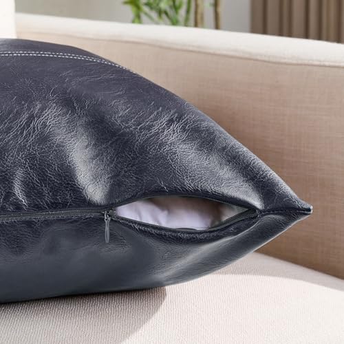 Fancy Homi 2 Packs Navy Blue Faux Leather Decorative Throw Pillow Covers 18x18 Inch for Living Room Couch Bed Sofa, Modern Farmhouse Boho Home Decor, Hand Stitched Accent Square Cushion Case 45x45 cm - color: Navy Blue, size: 18" x 18" (Pack of 2)