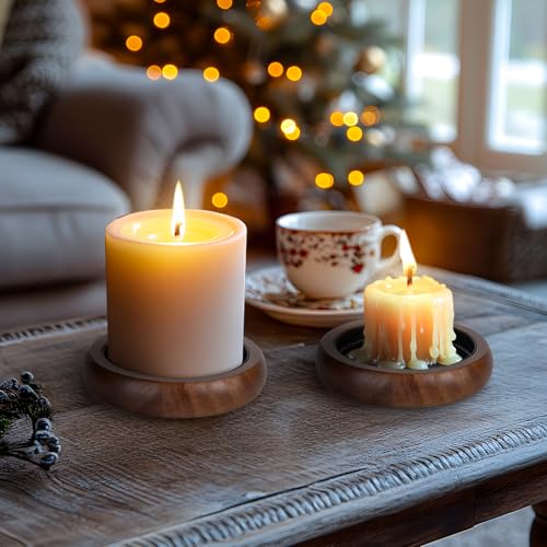 Candle Holder for Pillar Candle Set of 2, Farmhouse Wood Candle Plate, Rustic Wooden Candle Stand, Candles Tray Decorative for Living Room, Table Centerpiece, Brown - color: Brown, size: Set of 2