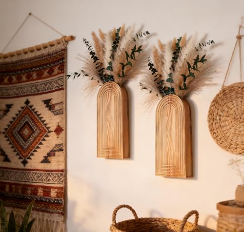 Set of 2 Boho Wall Vases with Pampas Grass & Eucalyptus -Wooden Wall Planters Modern Farmhouse Decor Art for Living Room, Entryway or Bathroom - style: Wall Decor-Wooden