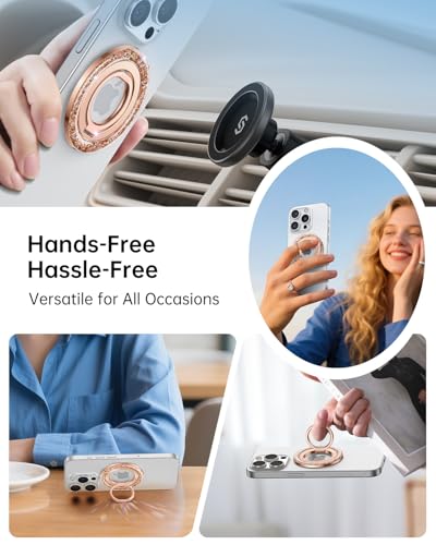 SYNCWIRE Magnetic Phone Ring Holder for MagSafe - Glitter Phone Grip Stand with 360° Rotation Finger Ring Kickstand Blingbling Compatible with iPhone 17 16 15 14 13 12 Pro Max MagSafe Accessories - color: Single Ring-1PCS-Glitter Rose Gold