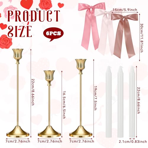 JarThenaAMCS 6Pcs Candle Stick Holders with Candles Satin Ribbon Bows Gold Metal Taper Candle Holders for Bride Shower Wedding Party Fireplace Table Centerpiece Decor