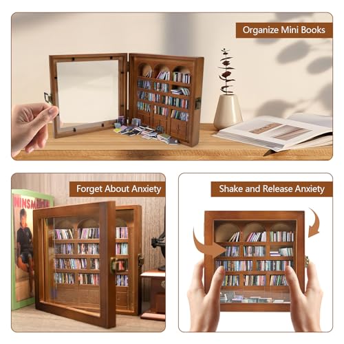Anxiety Bookshelf – Mini Books Display for Stress Relief and Fun Decor, Perfect Decorative Miniature Library for Book Lovers, Ideal for Home Decor, Office Décor, and Thoughtful Gift - Walnut - color: Walnut