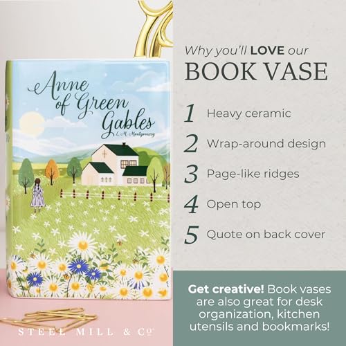Steel Mill & Co Original Large Book-Shaped Decorative Vase, Ceramic Vases for Home Decor, Cute Bookshelf Decor, Unique Vase for Book Lovers, Anne of Green Gables