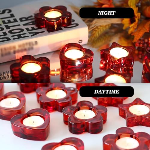 Red Votive Candle Holders Set of 12, (3 Sizes,Heart/Flower/Star) Glass Tealight Candle Holders Bulk for Wedding Table Centerpiece,Birthday Party,Valentines Day,Christmas Decorations,Home Decor(Red) - color: Red