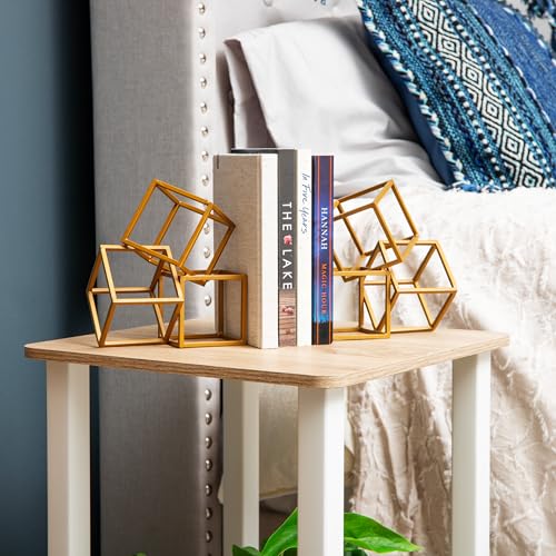 Mind Reader Decorative Geometric Cube Bookends, Modern Book Holders, Office Decor, Metal, Set of 2, Gold