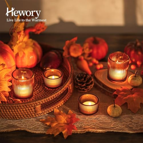 Hewory Glass Tealight Candle Holder: 8 Pcs Amber Votive Candle Holders Tea Lights Candle Holder, Ribbed Tea Light Holders Fall Decorations for Thanksgiving Table Centerpiece Wedding Party Home Decor - color: Amber, size: 8PCS