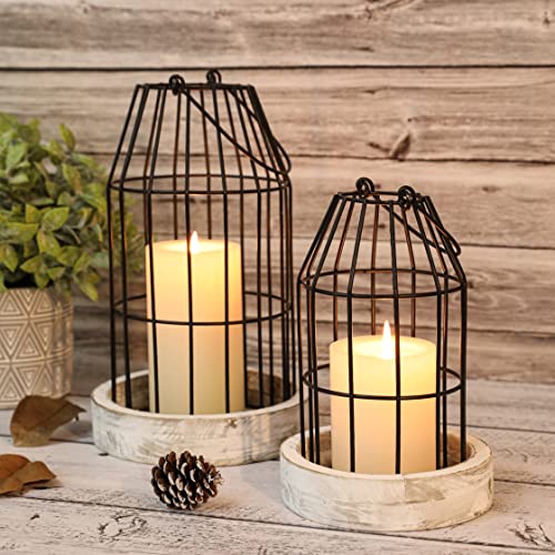 Rustic Wire Metal Cloche Set of 2 Candle Lantern Decorative Indoor Outdoor Vintage Cage Candle Holders Modern Farmhouse Decor for Fireplace Mantle Entryway Living Room Kitchen Dining Table Centerpiece - color: Black/White