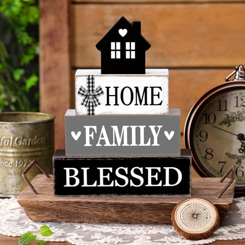 Cinnvoice 4 Pcs Farmhouse Tabletop Decor Rustic Family Blessed Home Table Centerpiece This Is Us Sign for Kitchen Shelf Desk Fireplace Mantel Tiered Tray Decor(Neutral Home Family Blessed) - style: Neutral Home Family Blessed