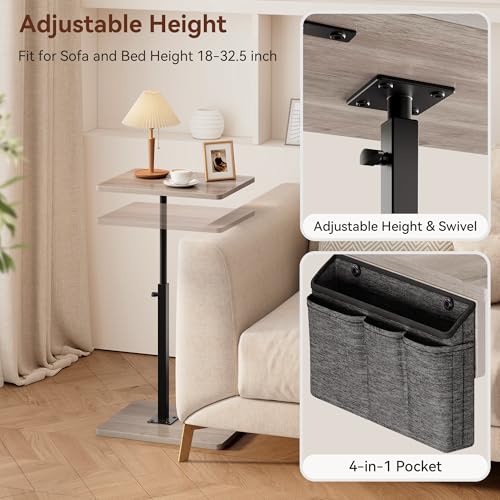 Vagusicc Sofa Armrest Tray Table for Couch, 360° Swivel Height Adjustable TV Tray Table for Small Spaces, Snack Side Table for Couch, Bed, Chair, C Shaped End Side Table for Eating, Reading, Laptop - color: Greige, style: With Storage Bag