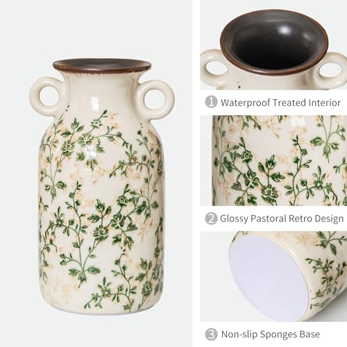 for Mom from Daughter or Son, Vintage Pastoral Ceramic Vase with Handles 9.1”, Green & Beige Chinoiserie Floral Vase, Rustic Farmhouse Decor for Living Room, Kitchen, Bedroom - color: 12-green and Beige