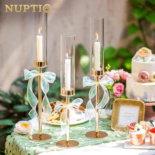 NUPTIO Candle Holders for Table Centerpiece: 18 Pcs 23.6 & 21.7 & 19.7 in Tall Gold Hurricane Candlesticks Holder with Glass Cylinder Cover Bulk Taper Candles Sticks Stand for Thanksgiving Party Decor - size: 23.6 & 21.7 & 19.7 in