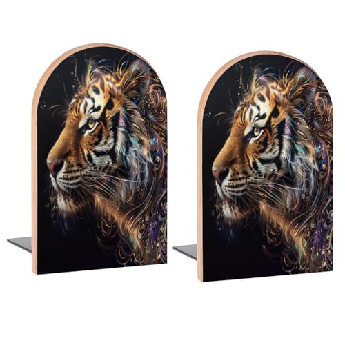 Galaxy Ethnic Tiger Book Ends Decorative Wood Bookends for Shelves Kids Room Desk Home Office Book Stoppers for Books, DVDs, 1 Pair/2 Pieces(5x3.1 in) - color: Galaxy Ethnic Tiger