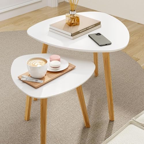 BAMEOS Bamboo Nesting Triangle End Table,Set of 2 Side Table Modern Minimalist Coffee Table for Living Room, Balcony in White - color: White