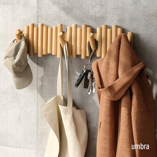 Umbra Picket Coat Rack with 8 Hooks – Natural Wall-Mounted Coat Rack with Flip-Down Wooden Hooks, Real Pine Wood Decorative Wall Storage for Jackets, Hats, Scarves, Bags, Entryway, Bedroom Living Room - color: Natural, size: 8-Hook