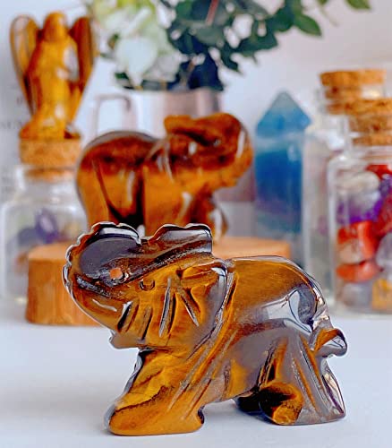 QINJIEJIE Tiger Eye Elephant Crystals Elephant Decor Healing Crystal Statue Pocket Polished Guardian Stones Figurine Office Room Cute Desk Gem Decor Spiritual Gift Christmas Meditation - color: Yellow Tiger Eye