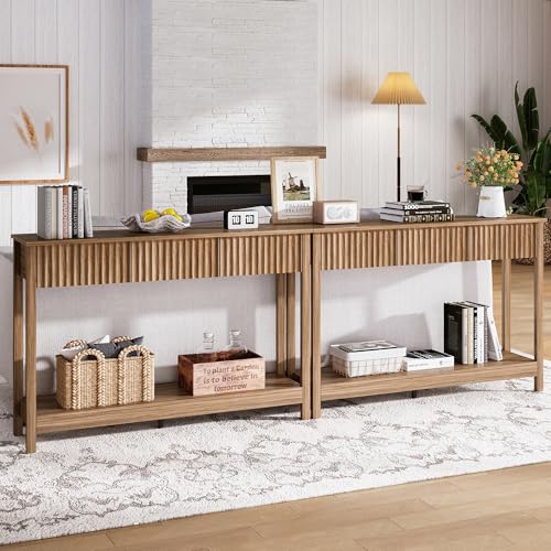 Treocho 47" Console Table with Drawers, Fluted Narrow Entryway Table with Open Shelf, Farmhouse Sofa Table Behind Couch for Hallway, Living Room, Brown - color: Brown