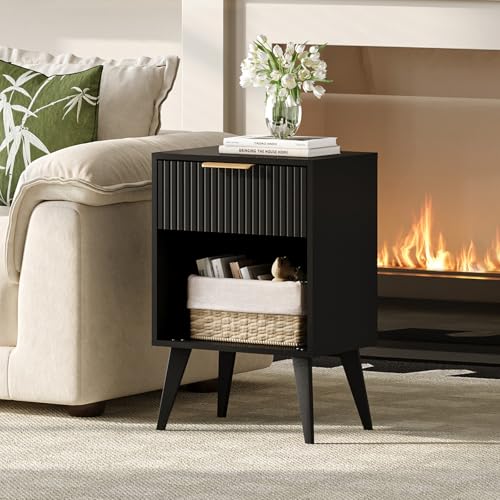 YAUKOMEL Fluted Night Stand with Opening Storage,Mid Century Bedside Table with Drawer,Black Nightstand with Wood Legs,End Table Side Table for Living Room,Bedroom,11.8" Dx15.7 Wx 25.2" H CTG56BK - color: Black