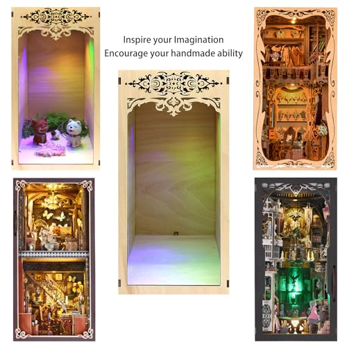 Book Nook Kit, Simple Booknook Bookend, Miniature Dollhouse House Kit for Beginner, DIY 3D Puzzle Model with LED Light and Dust Cover - style: Plain