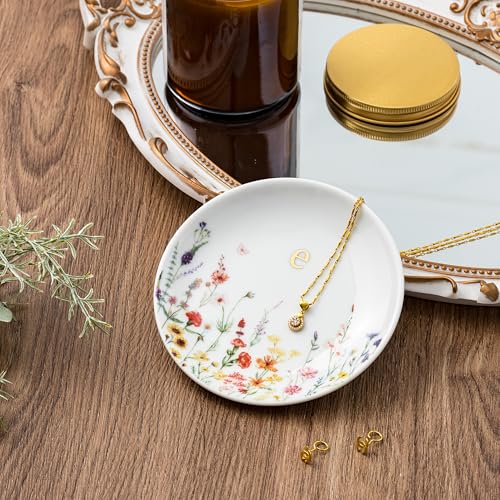 Crisky Initial Jewelry Tray Ring Dish & Gift Box, Ceramic Flower Trinket Dish for Rings Earrings Necklaces Keys, Bridal Shower Engagement Birthday Gift for Women, Friends 4.57" (Gold Foil E - style: Initial E