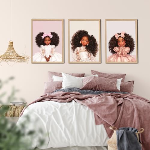 Black Girl Wall Art Canvas Framed 3 Piece Set 12x16 Inch Pink Princess Wall Decor for Girls Room Nursery African American Art Prints Poster Picture Wall Decor Artwork - color: Black Girl-1, size: 12"x16"
