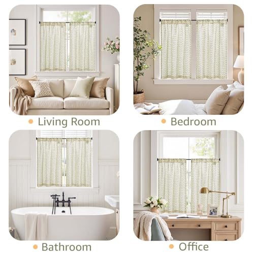 jinchan Boho Linen Blend Kitchen Curtains 36 Inch Length Herringbone Printed Tier Curtains for Small Windows Bathroom Cafe Laundry Room Set of 2 Rod Pocket Green on Linen - color: Arrow | Green on Linen, size: 26"W x 36"L (Pack of 2)