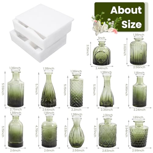TBWIND 12pcs Green Glass Bud Vases Set, Small Vases for Flowers, Bud Vase for Centerpieces in Bulk, Mini Vintage Vase for Wedding Decorations, Office and Home Table Flower Décor - color: 12pcs-green