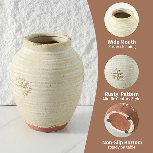Ceramic Decorative Flower Vase 7.4 Inch Pottery Rustic Farmhouse Boho Terracotta Vase for Home Decor, Table, Living Room, Bathroom, Shelf, Mantel Decoration - color: 205-3-7.4in