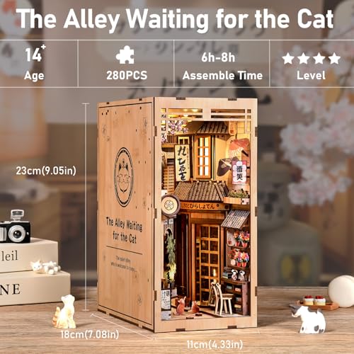 CRIOLPO Book Nook Kits for Adults - DIY Miniature Bookshelf Insert with LED Lights, Creative Craft Book Nook Kits for Adults, Cat Waiting Alley Japanese bookends Gifts for Family Friends Lovers