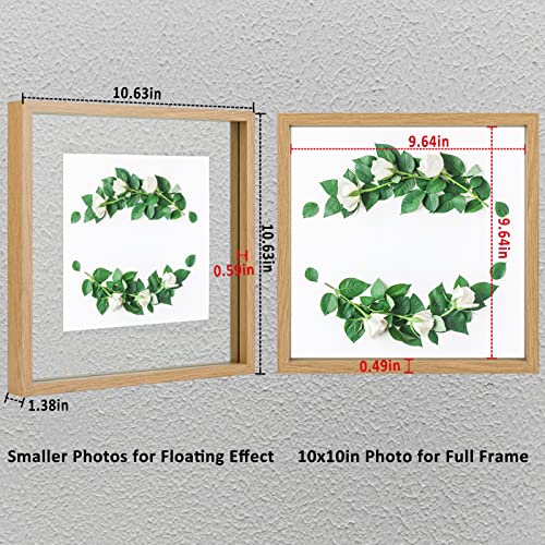 MUYE 10x10 Floating Frame Set of 2,Double Glass Square Photo Frame,Display Any Size Photo up to 10x10,Wall Mount or Tabletop Standing,Natural - color: Natural, size: 10x10